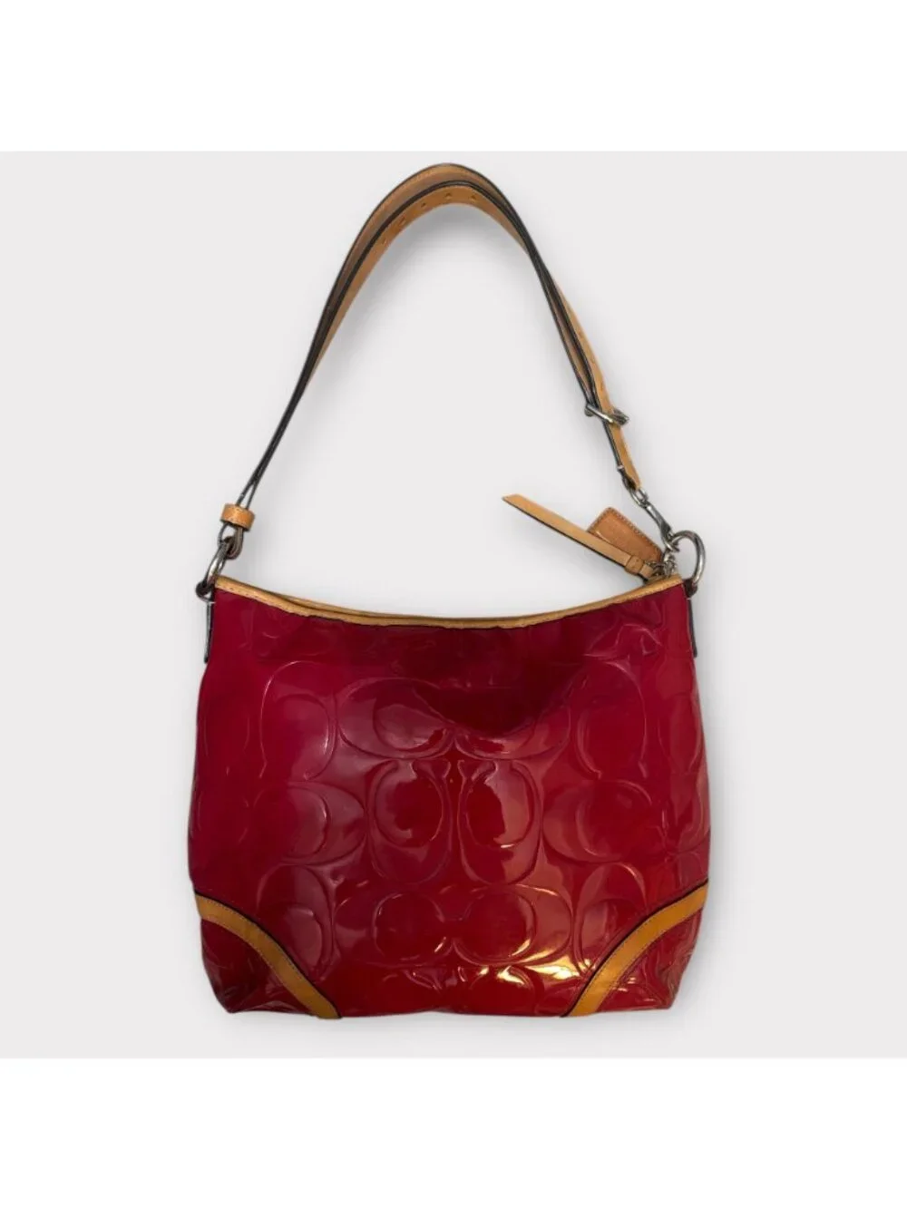 Coach Peyton Embossed C Patent Leather Hobo F20022 Pink Cerise Tan Trim Converts